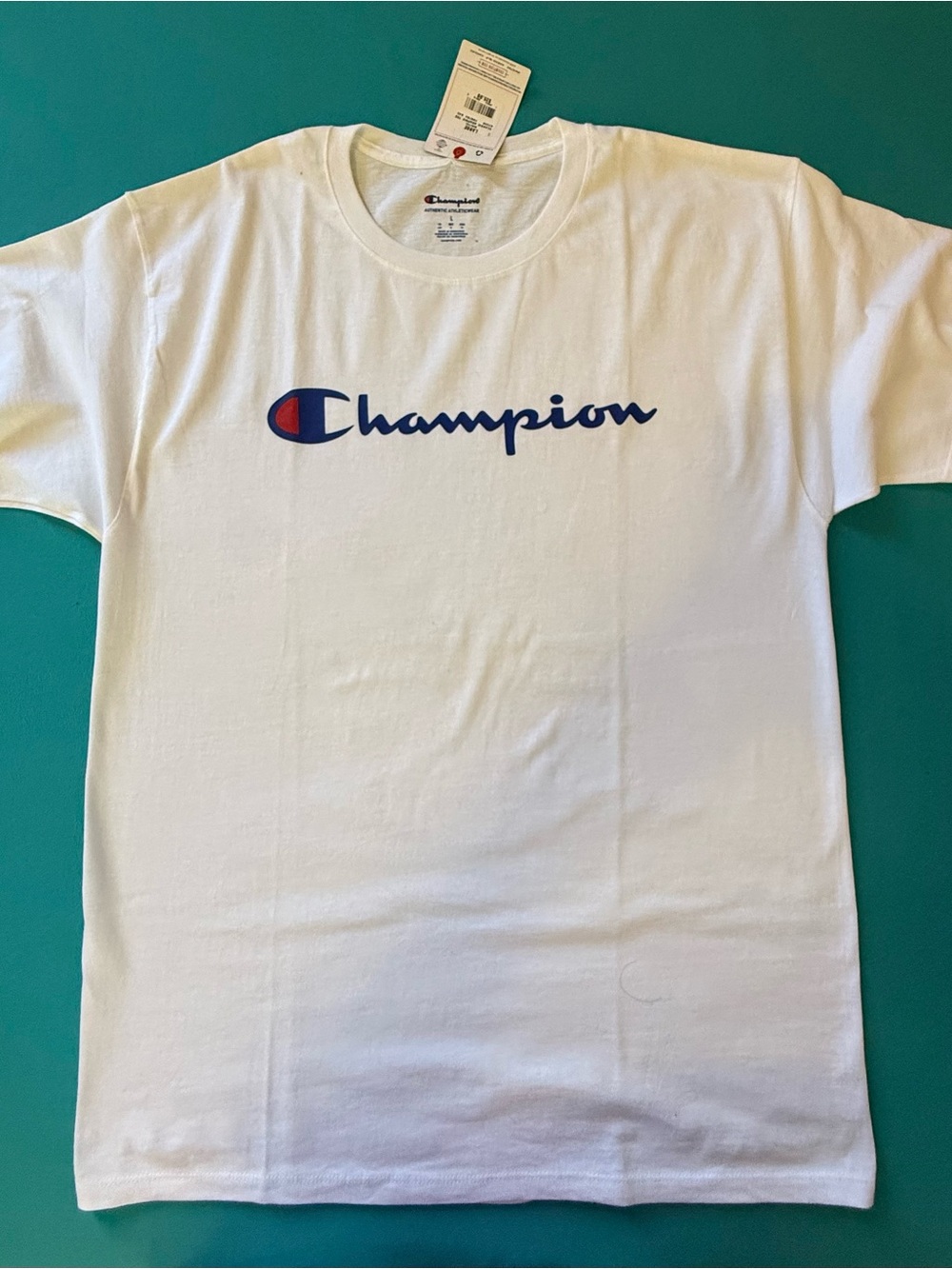 Champion White Short Sleeve T-Shirt with Blue and Red Logo